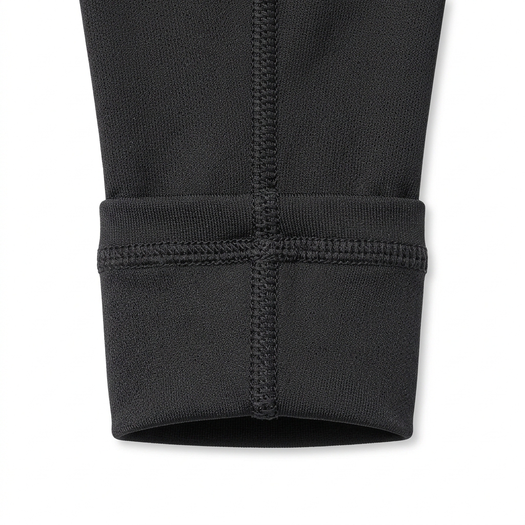 Detail close-up of sports arm sleeves elastic bicep cuff and flatlock knit stitching on white background