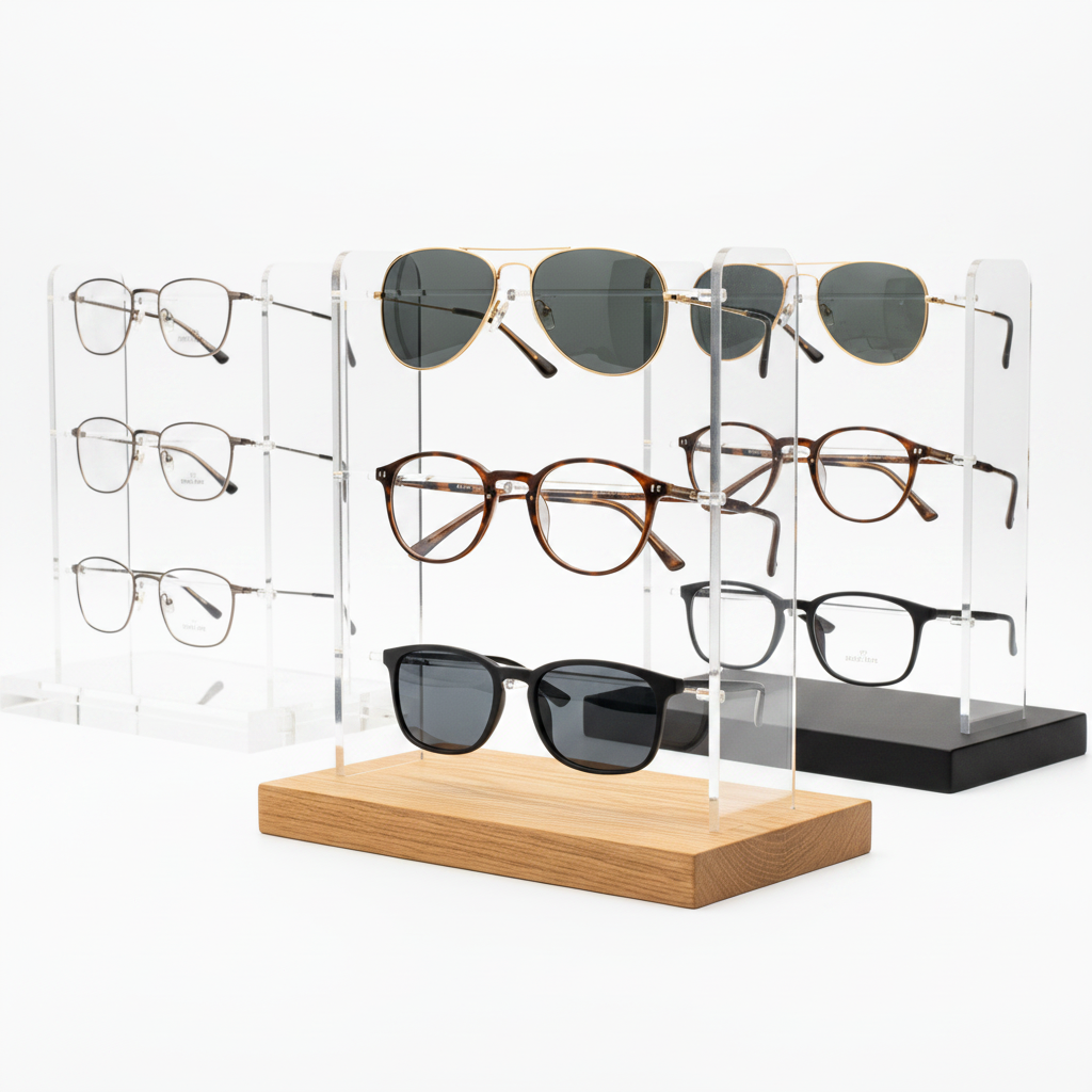 Side angle perspective of tiered eyeglass display stand on white background