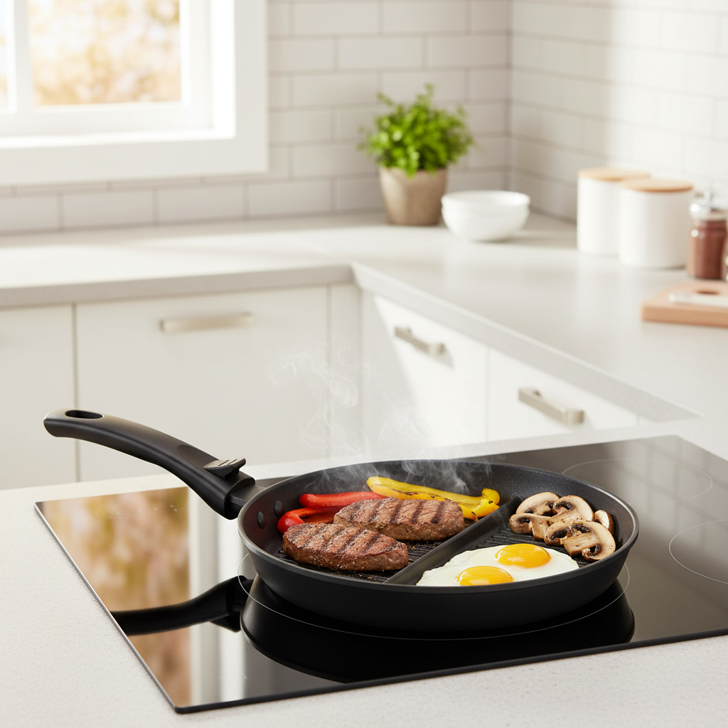 Multifunctional pan grilling steak and frying eggs on induction cooktop in modern kitchen