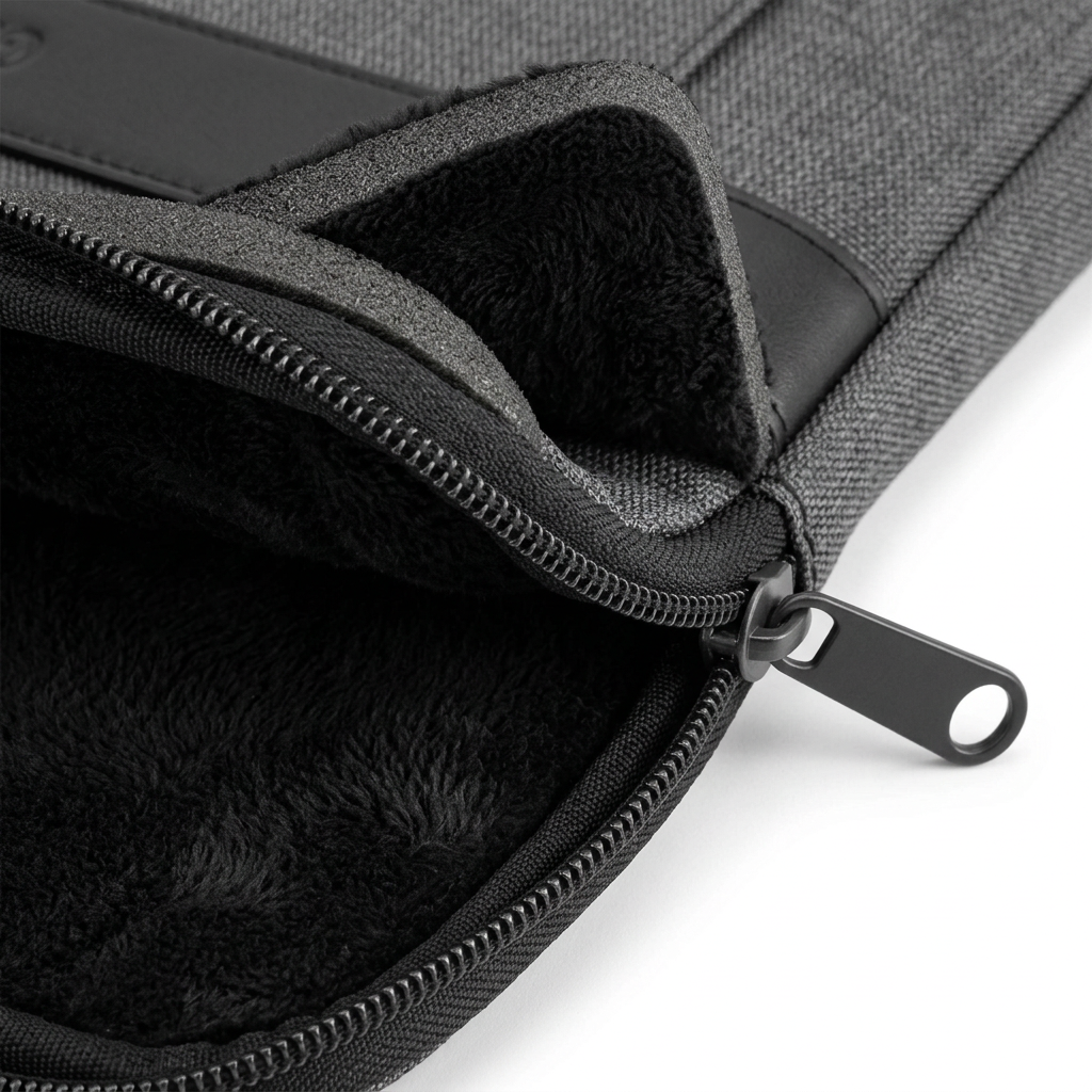 Detail close-up of laptop sleeve showing plush fleece padded interior lining and zipper closure on white background