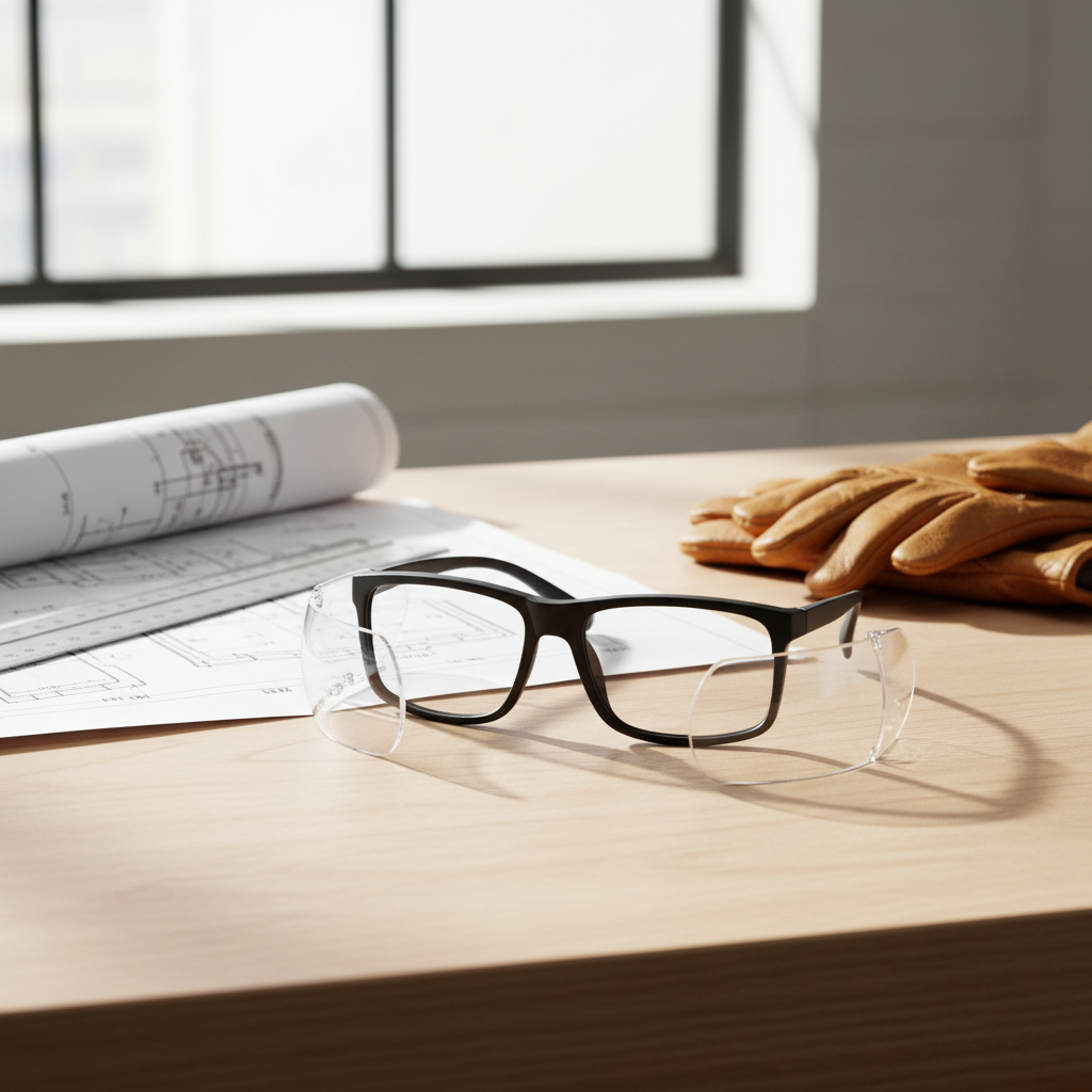Protective eyewear beside blueprints, ruler, and work gloves on workbench