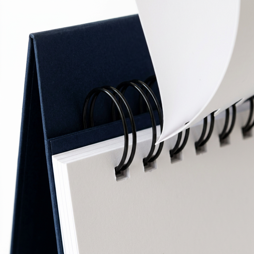 Detail close-up of desktop calendar showing twin-wire spiral binding and flipped page mechanics on white background