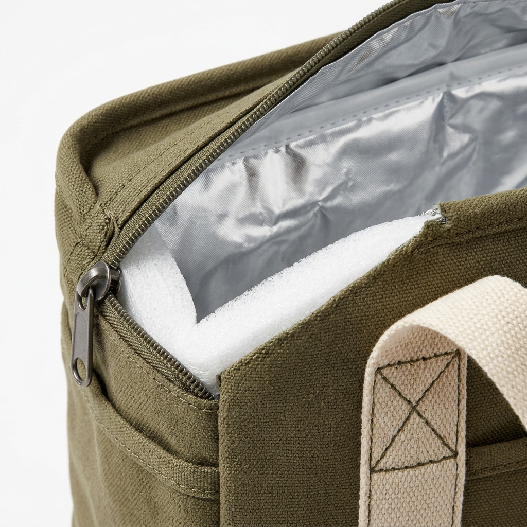 Detail close-up of cooler bag showing zippered lid and silver insulated thermal lining on white background