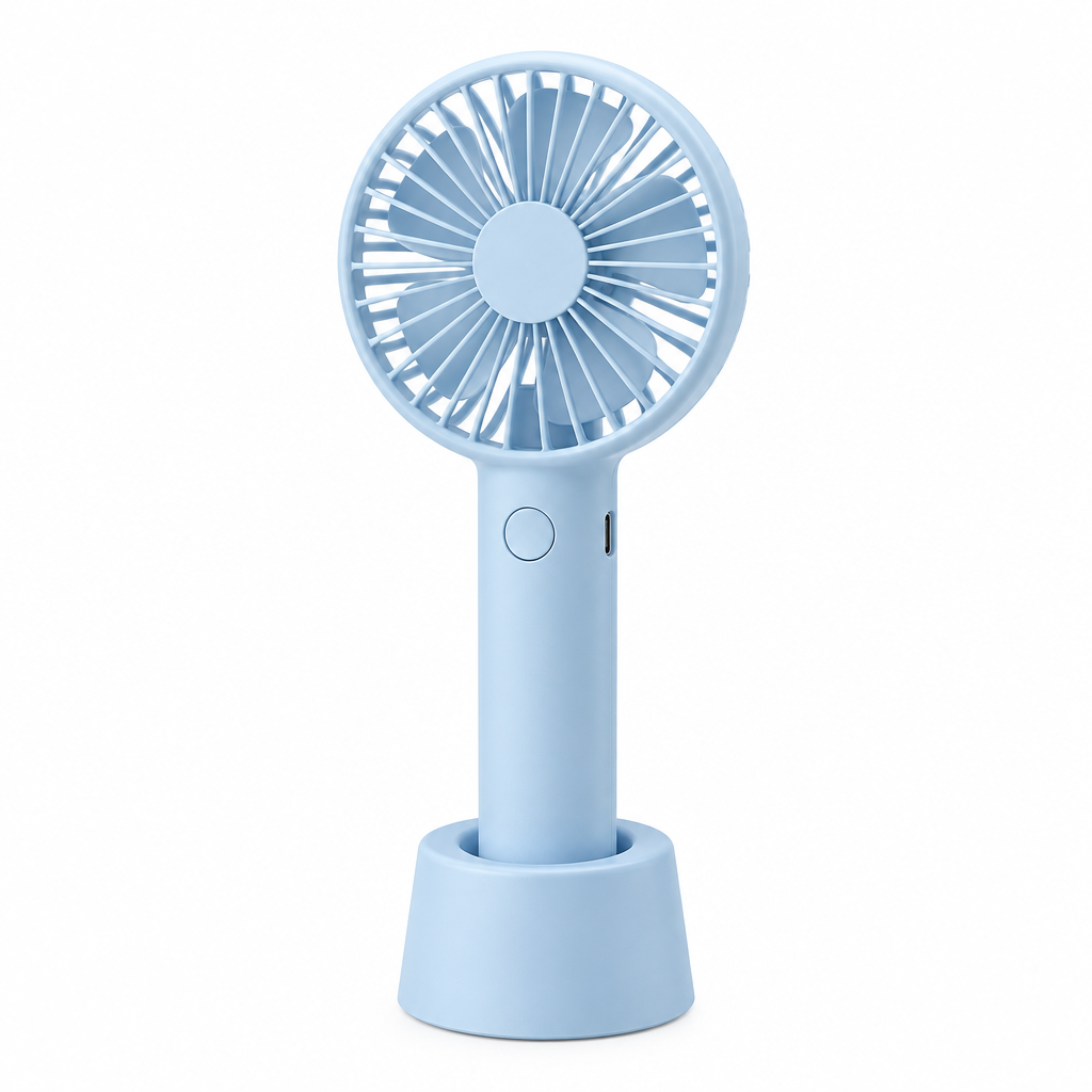 Light blue portable handheld mini fan standing in its detachable round desk base on white background