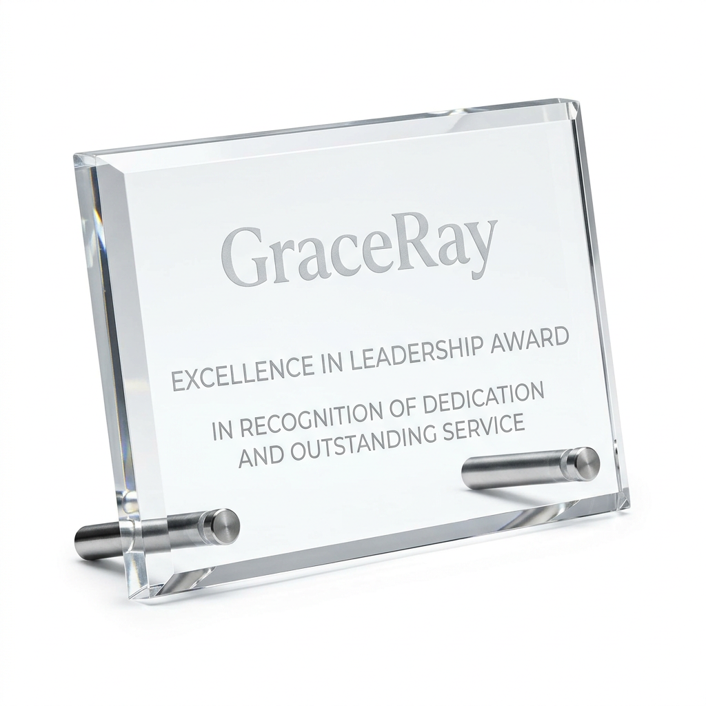 Custom corporate recognition award plaque with engraved or printed wording displayed on a stand.