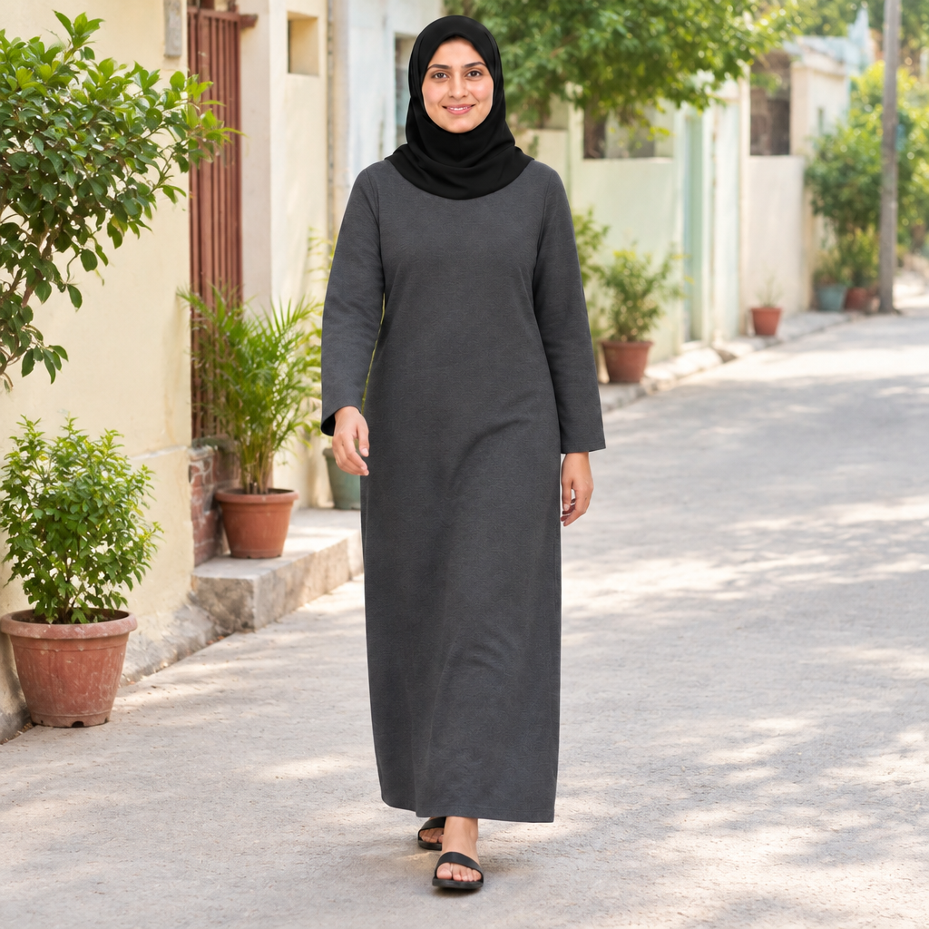 Woman walking down a quiet neighborhood lane in a charcoal grey long sleeve one-piece modest dress