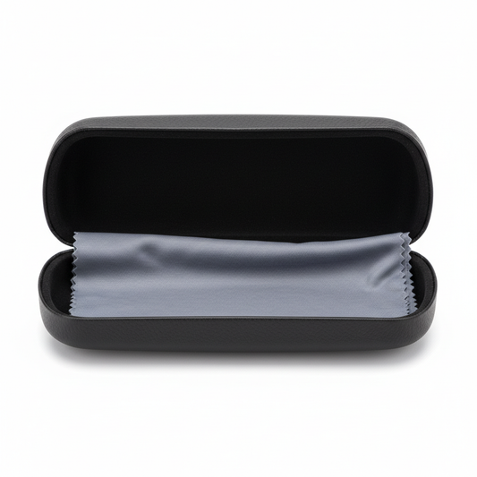 Eyeglass case with integrated cleaning cloth opened flat on white background