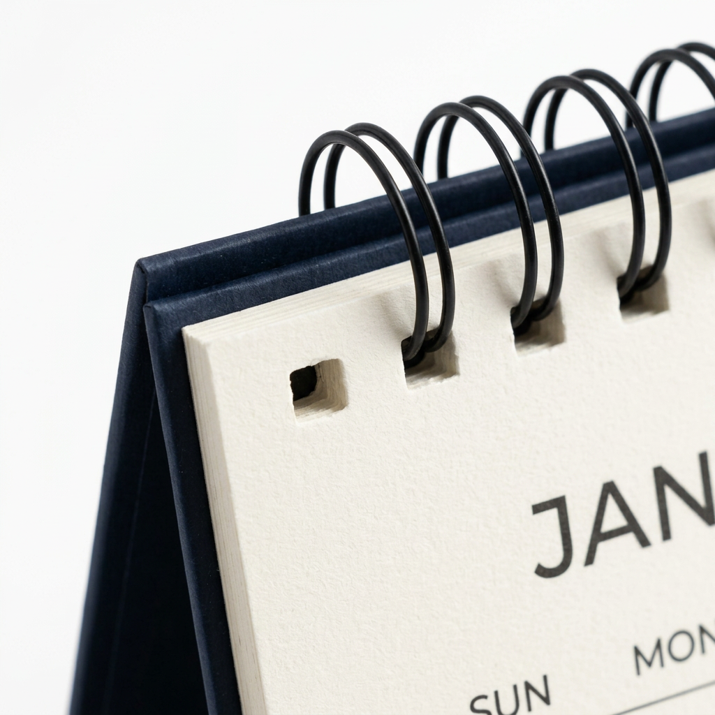 Detail close-up of desk calendar stand showing double-wire spiral binding and heavyweight paper on white background