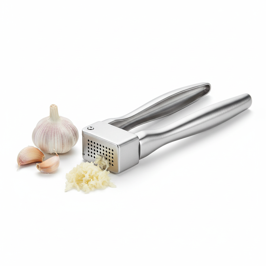 Stainless steel garlic press kitchen tool with fresh garlic cloves and minced garlic on pure white background