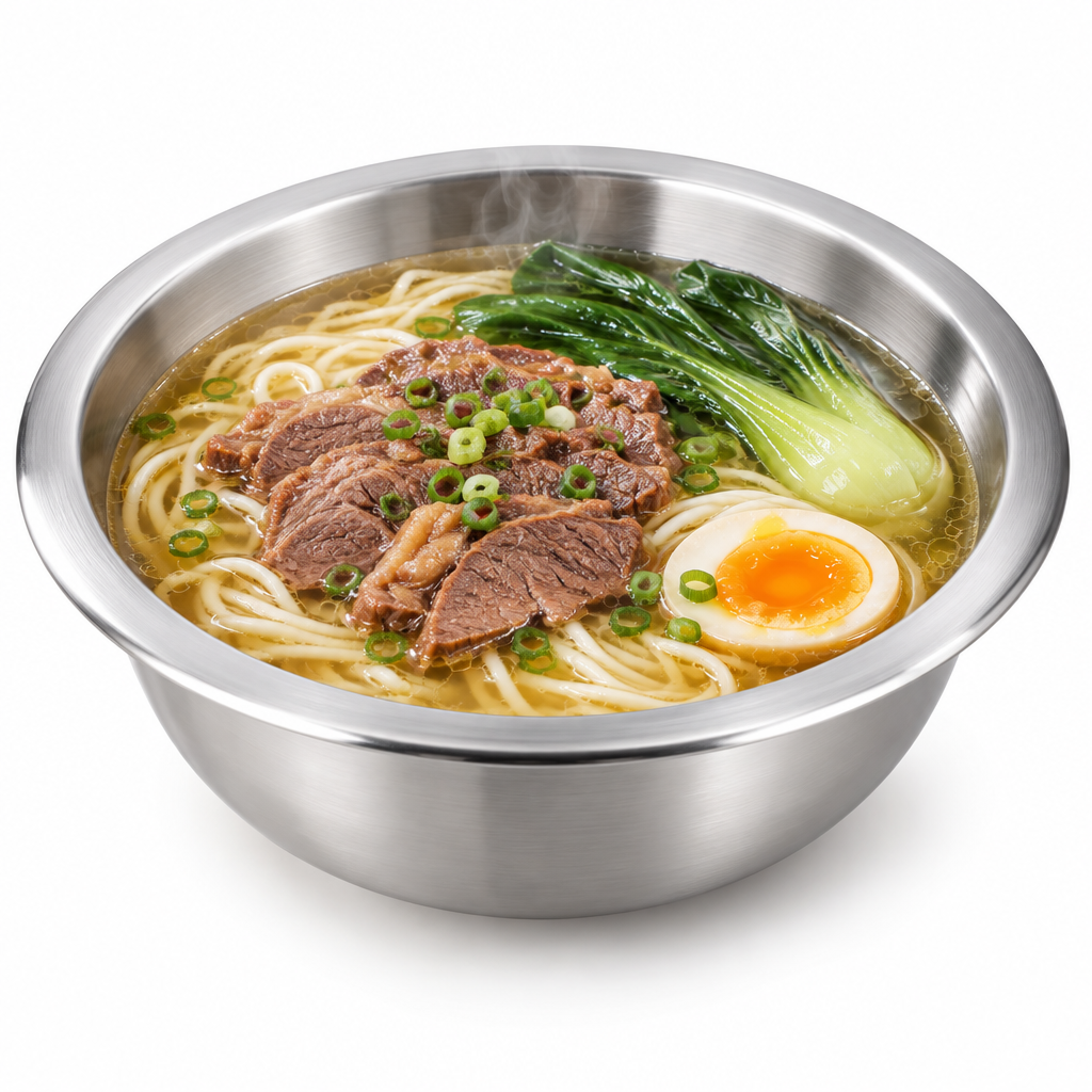 Deep round stainless steel plate filled with beef noodle soup, bok choy, and egg with wide rim on pure white background
