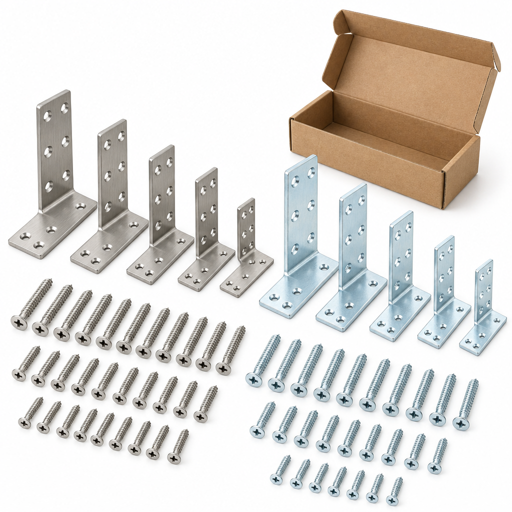 Assortment of heavy duty brushed stainless steel and zinc L-shaped corner angle brackets in graduated sizes with countersunk screws on a pure white background