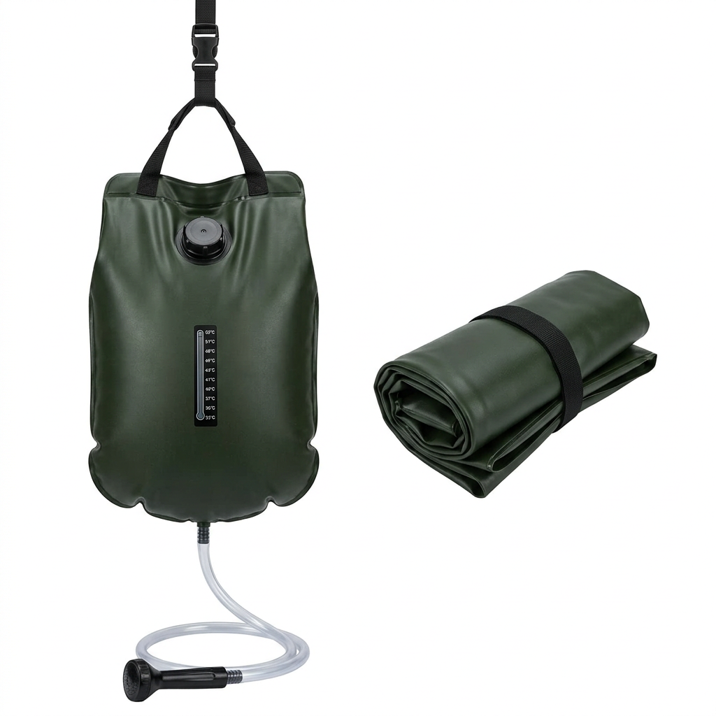 Solar camping shower bag 20L in dark army green PVC with top hanging strap, screw cap, and bottom twist shower nozzle beside folded unit on pure white background