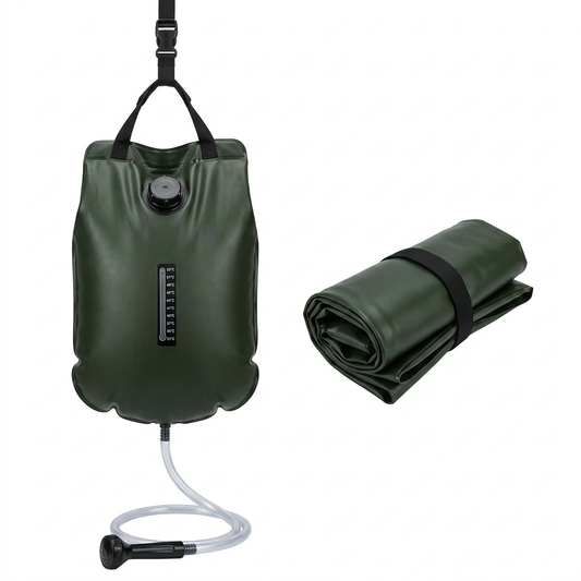 Solar camping shower bag 20L in dark army green PVC with top hanging strap, screw cap, and bottom twist shower nozzle beside folded unit on pure white background