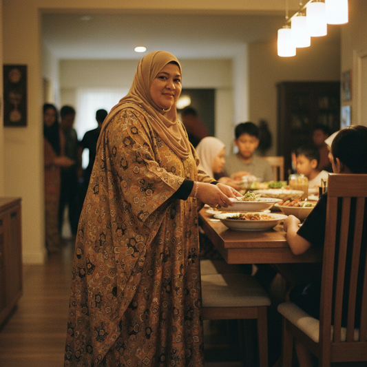 Malaysian Muslim woman gold batik kaftan at family gathering