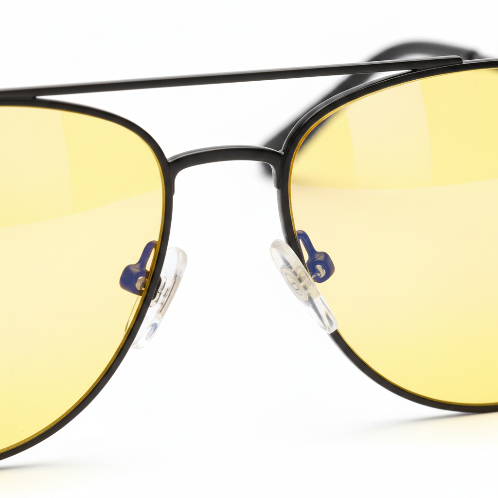 Macro detail of yellow polarized lens anti-glare AR coating and spring hinge joint