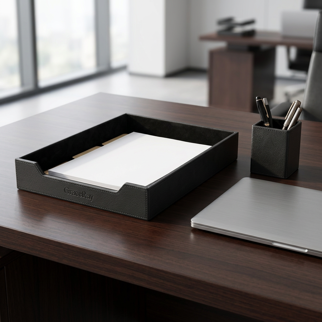 Custom executive faux leather document tray on a dark mahogany office desk holding files