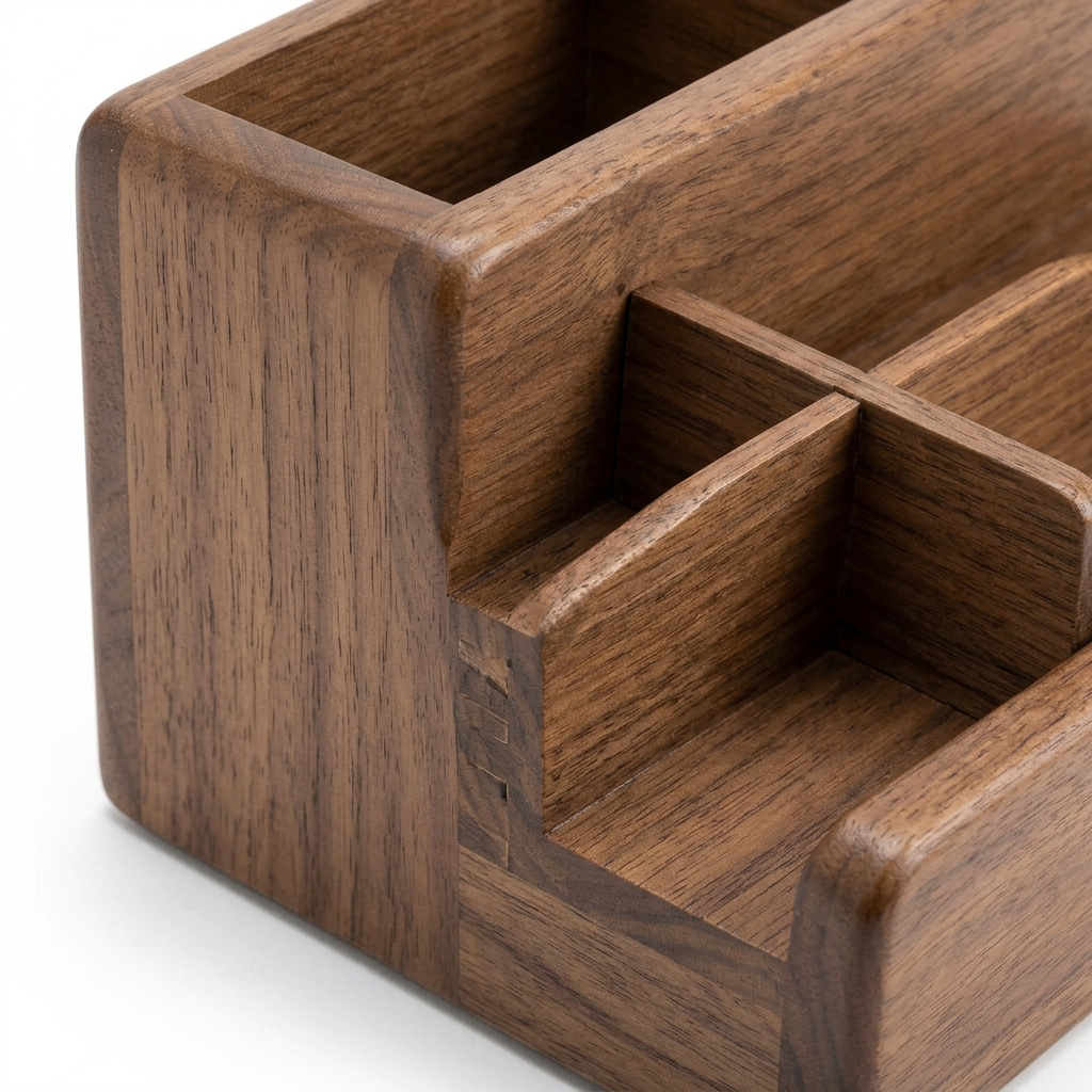 Detail close-up of wooden desk organizer showing corner finger-joint craftsmanship and smooth satin finish on white background