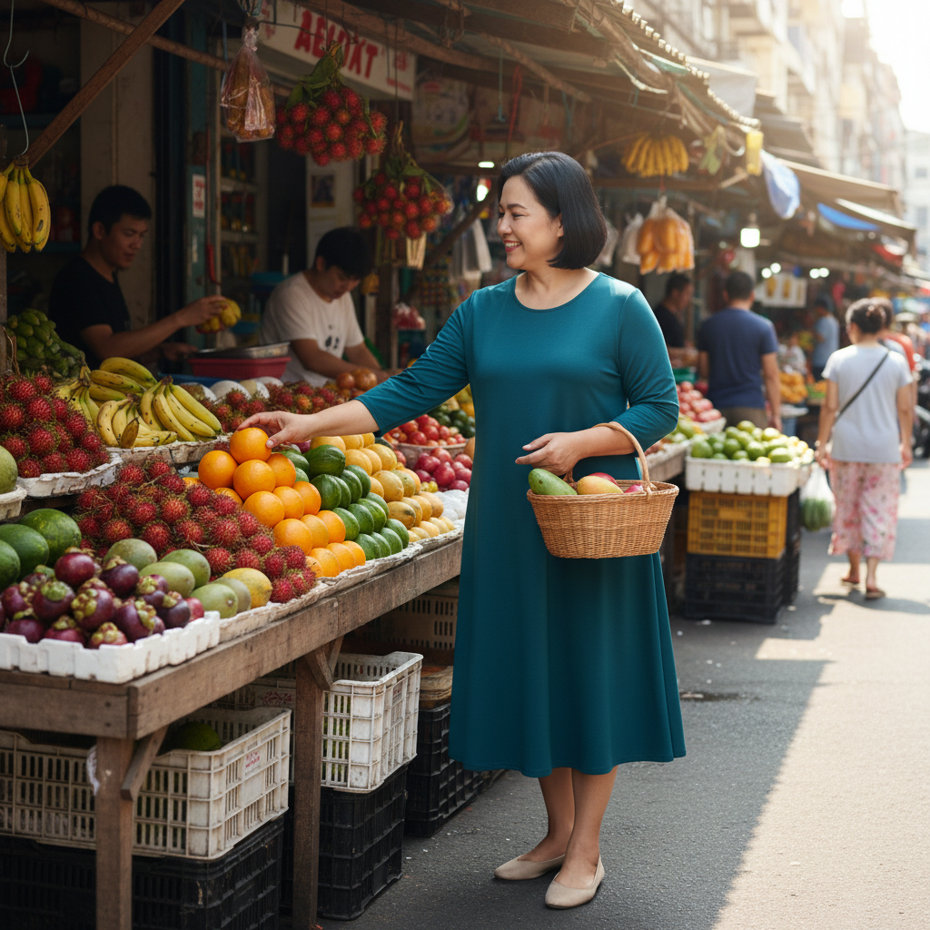 Lifestyle view of solid color A-line dress with three-quarter sleeves at a neighborhood fruit stand