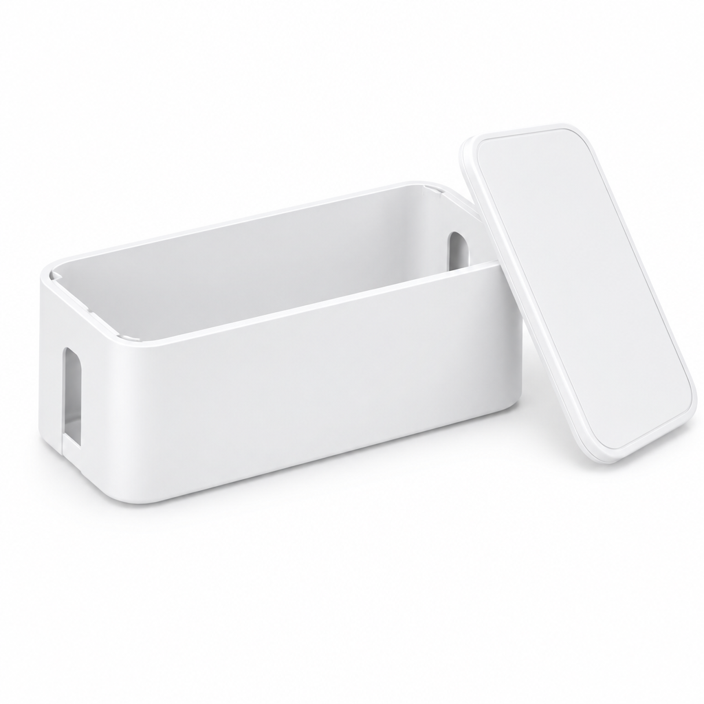 Cable organizer box with lid removed showing the enclosed interior and cable slots