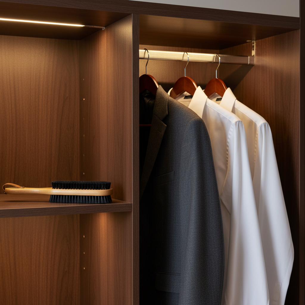 Wooden hotel clothes brush on wardrobe shelf beside suit jacket and shirt