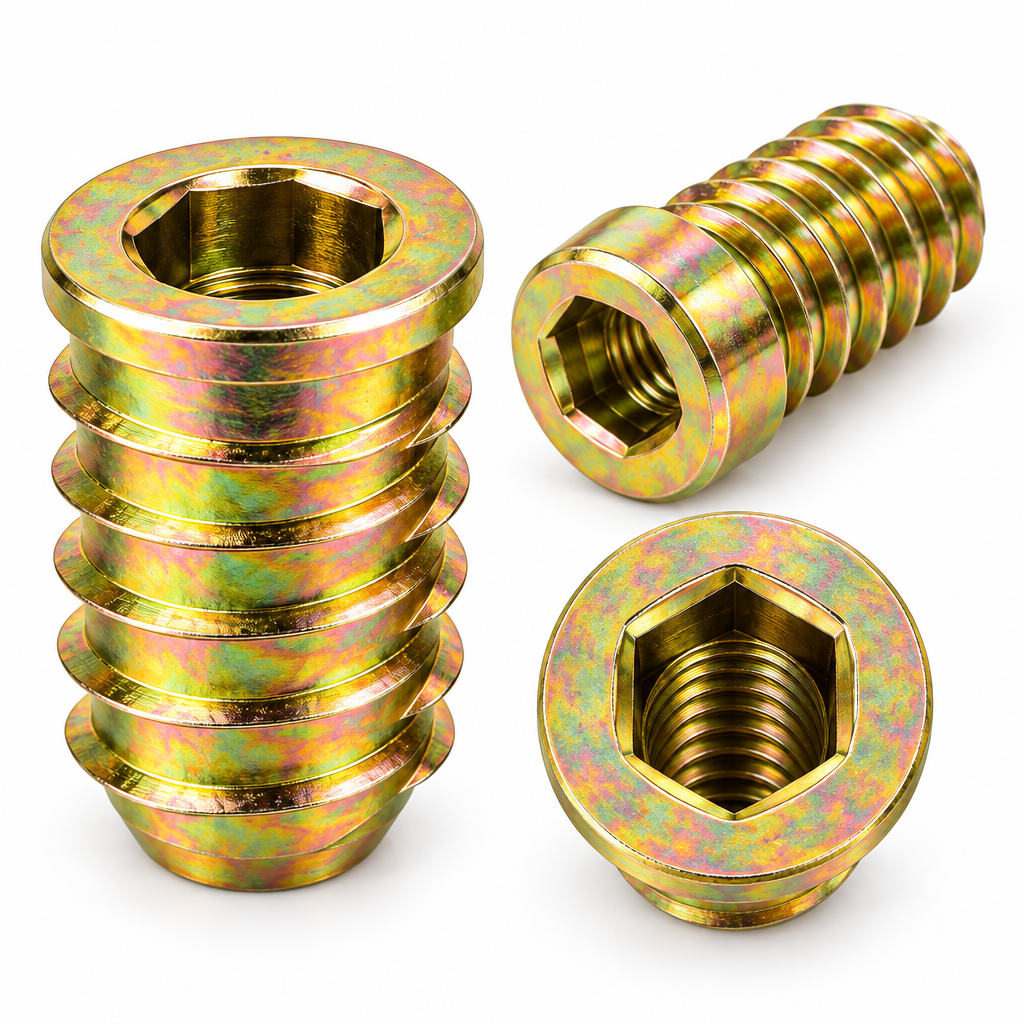 Macro close-up of hex-drive threaded insert showing internal metric threads and coarse external cutting threads