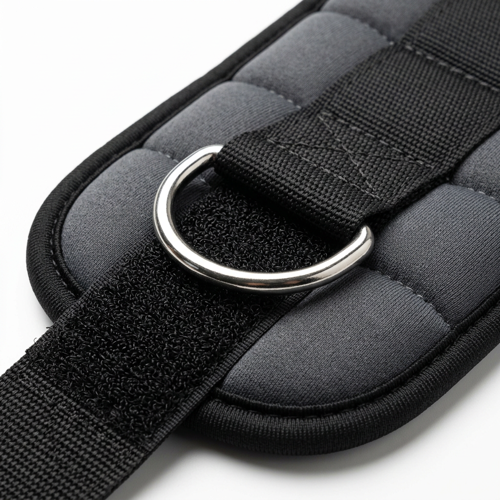 Detail close-up of ankle weight steel D-ring, velcro strap, and neoprene stitching on white background