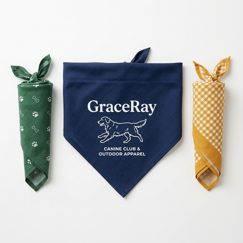 Custom branded pet bandanas featuring original patterns and logos for pet merchandise.