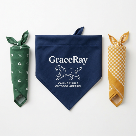 Custom branded pet bandanas featuring original patterns and logos for pet merchandise.