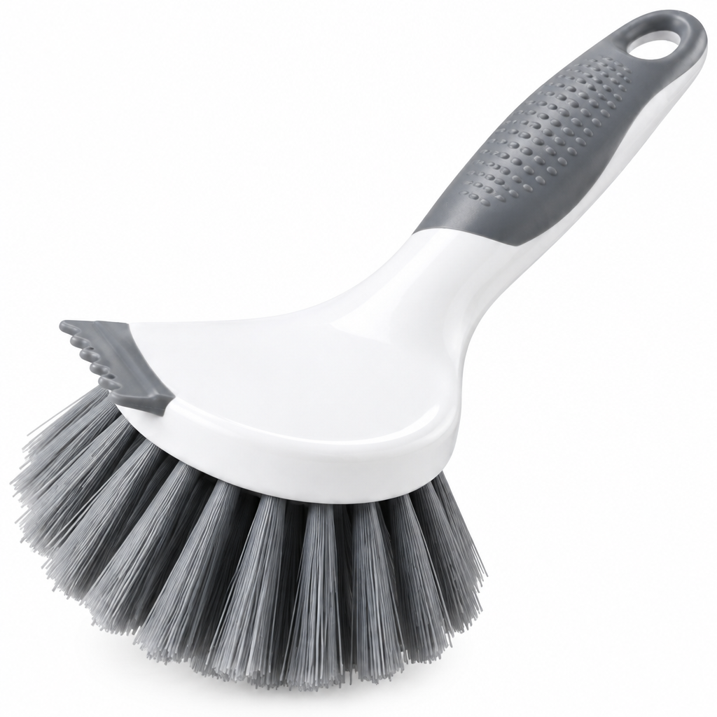 Close-up of the dish scrub brush head, scraper edge, durable bristles, and textured handle grip