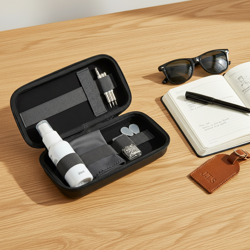 Eyewear care and repair travel kit beside sunglasses and journal on oak desk