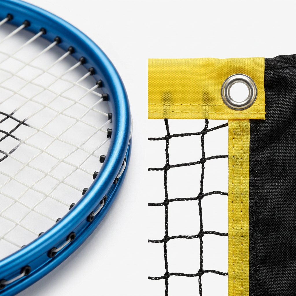 Detail close-up of aluminum badminton racket frame and double-stitched net mesh on white background