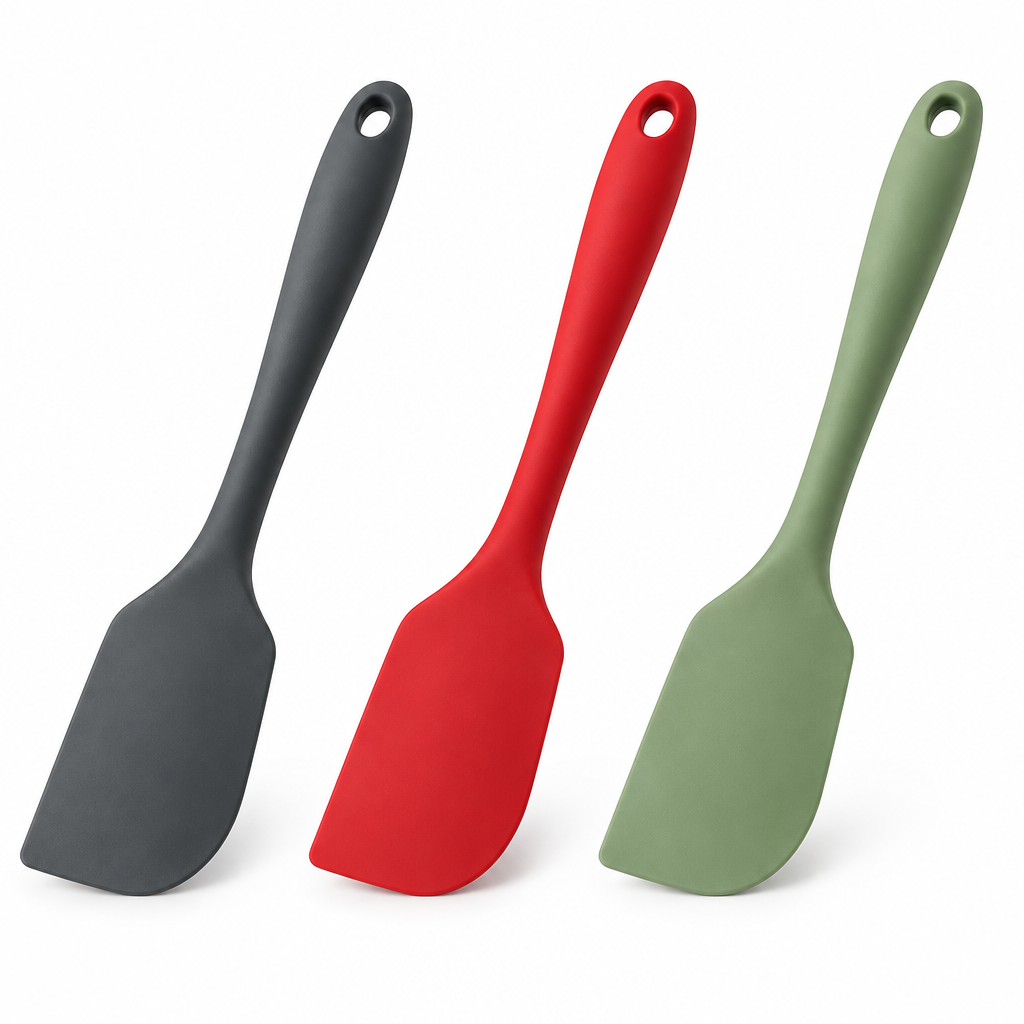Three silicone kitchen spatulas in charcoal grey red and sage green colors on pure white background
