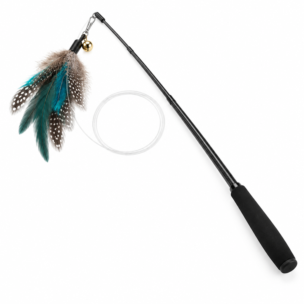 Telescopic cat wand teaser toy with natural spotted feathers and chime bell on pure white background