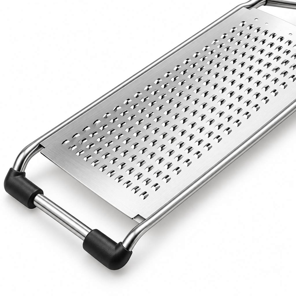 Close-up macro detail of precision etched sharp grating holes and anti-slip foot pads of stainless steel grater
