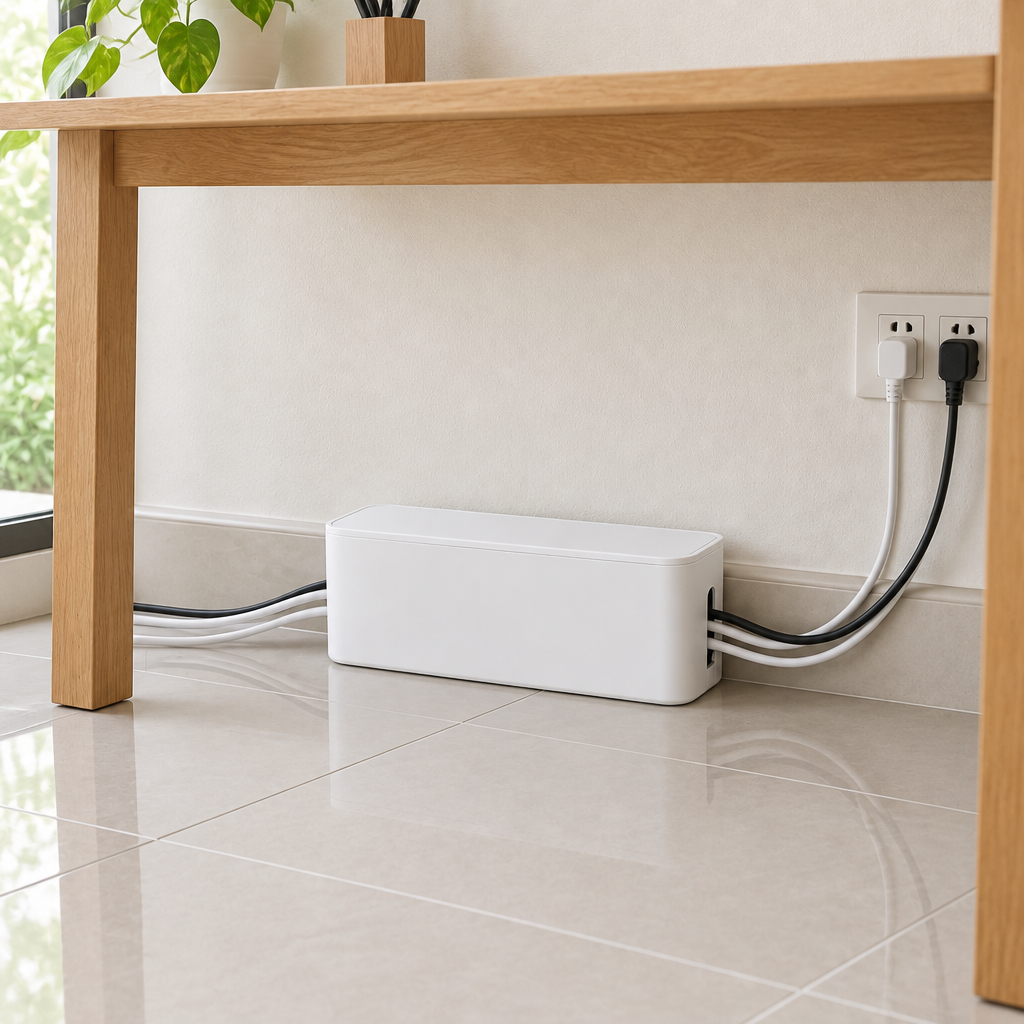 Cable organizer box under a home office desk with power cords routed through the end openings