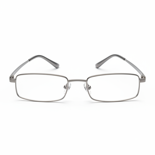 Flexible memory metal reading glasses with gunmetal titanium frame front view on white background