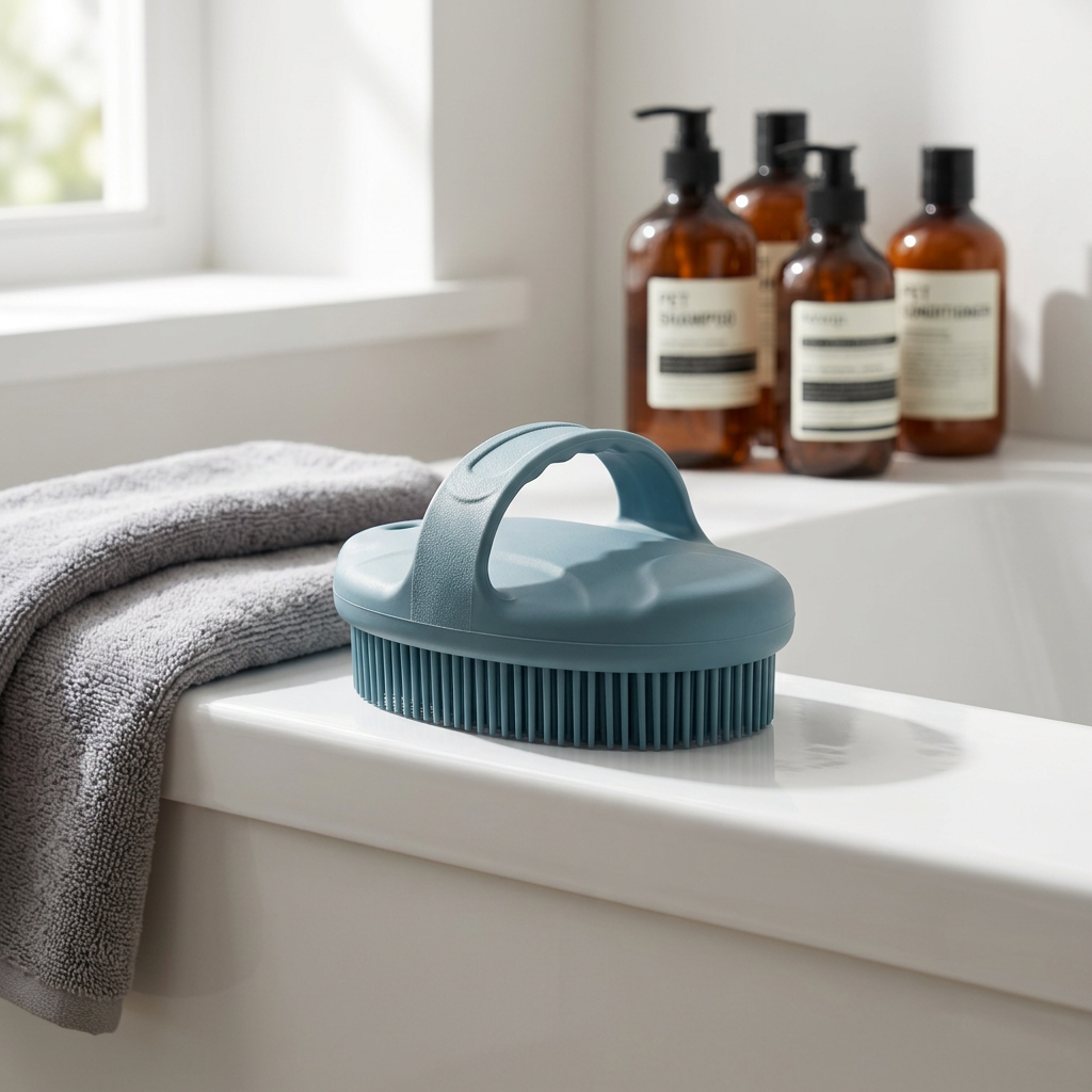 Silicone pet bath brush resting on porcelain bathtub ledge in bright bathroom