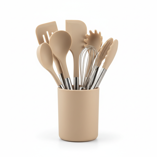 Coordinated 7-piece silicone kitchen utensil set displayed in holder on pure white background