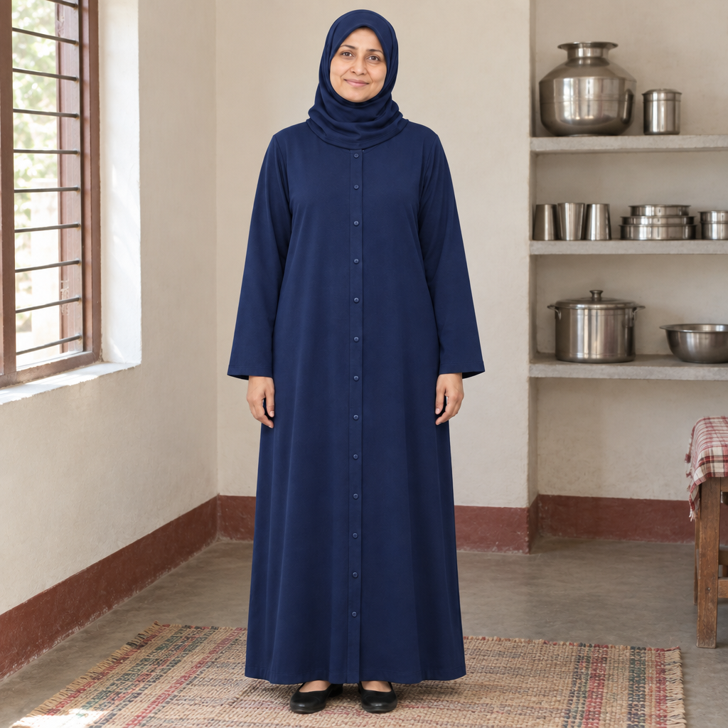 Model standing in a simple home beside shelves of steel utensils, wearing a dark navy button front abaya