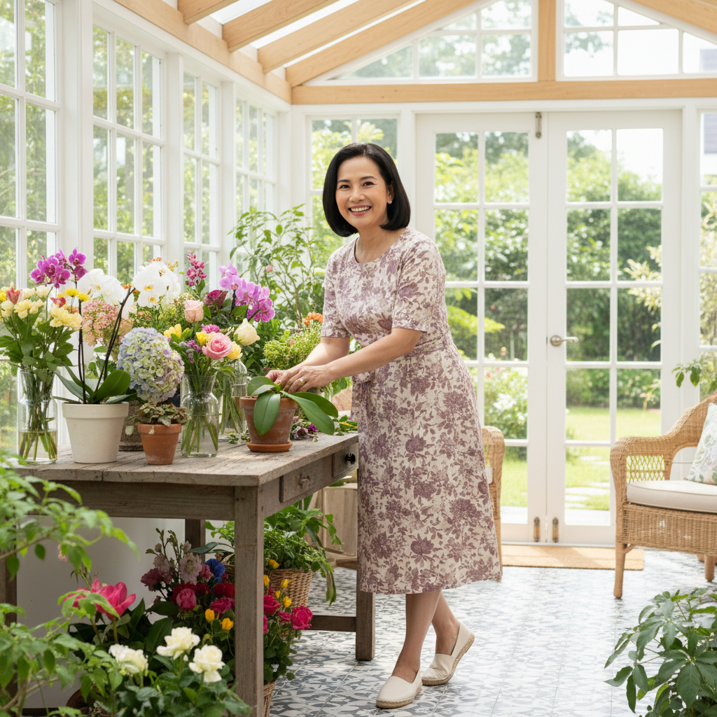 Lifestyle view of round neck floral midi dress in a modern home patio