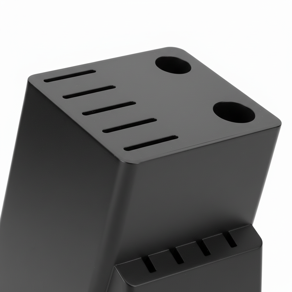 Close-up of precision knife slots and shears hole on knife storage block