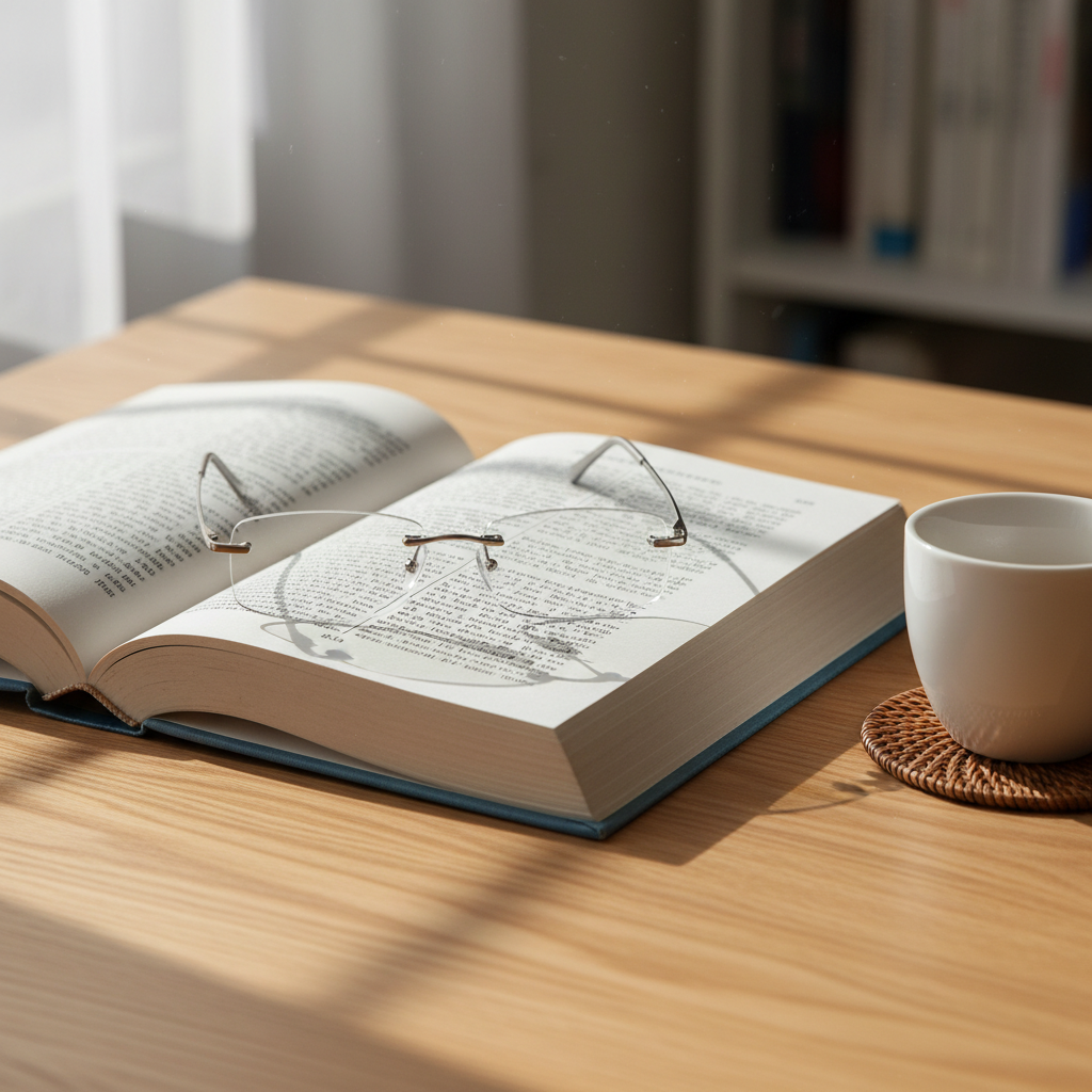 Rimless reading glasses resting on open book with coffee cup on wooden table