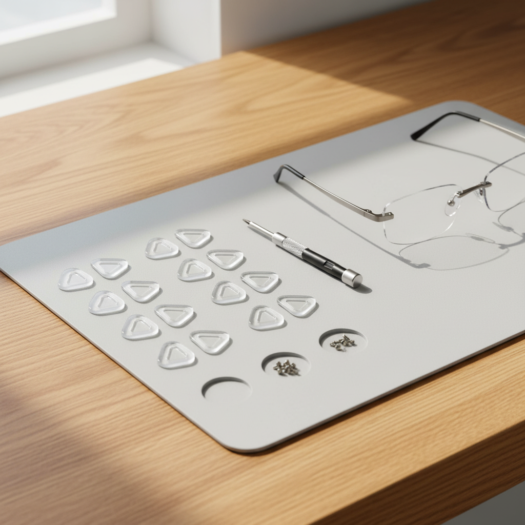 Clear silicone nose pads on repair work mat beside screwdriver and glasses frame