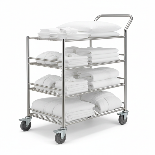 Open stainless steel four-shelf hotel linen storage cart with integrated curved handle, caster wheels and folded white linens on white background