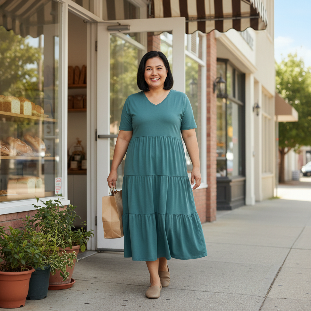 Lifestyle view of V-neck tiered midi dress outside a bakery