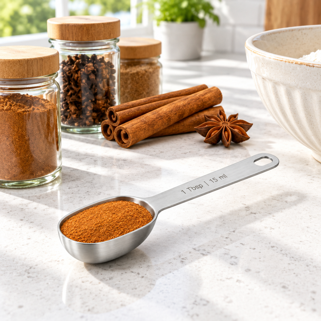 Single stainless steel measuring spoon holding spice on quartz kitchen countertop beside spice jars