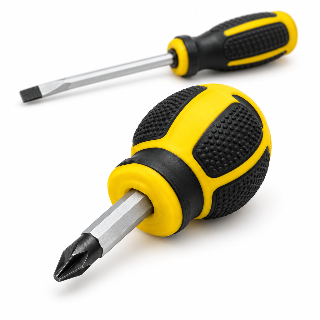 Close-up macro detail of stubby screwdriver bulbous rubber grip and magnetic tip on a pure white background
