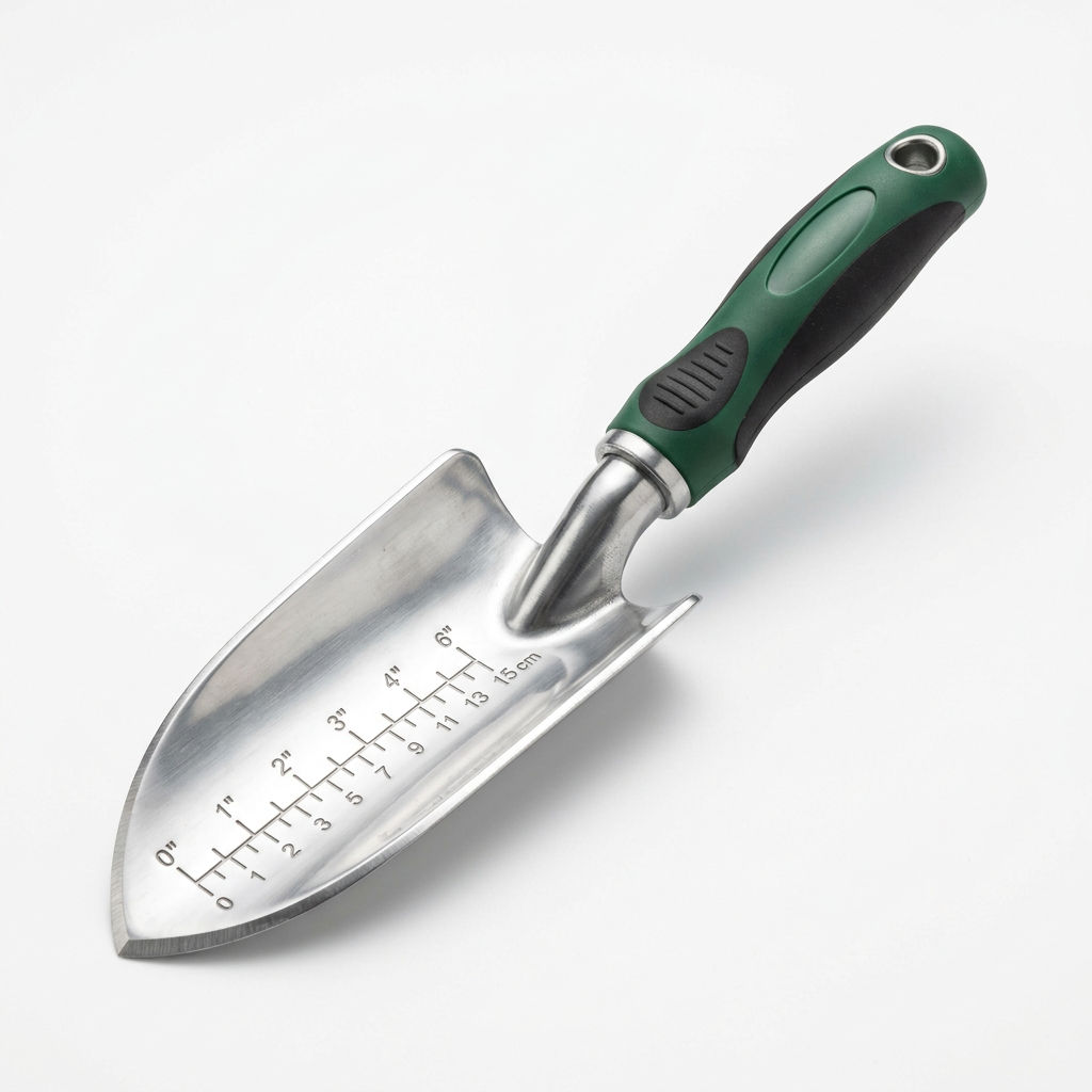 Single complete garden hand trowel showing polished cast aluminum scoop blade with depth scale and ergonomic handle on pure white background