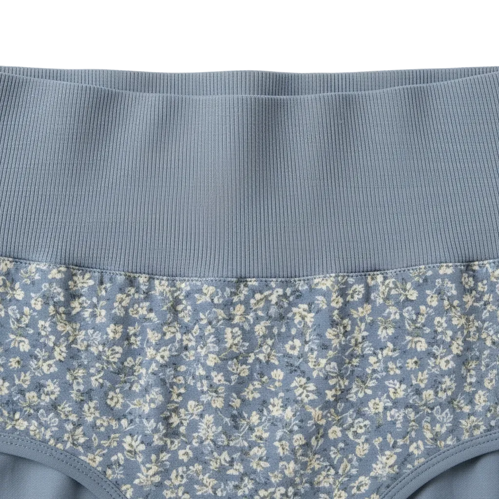 Extreme close-up of wide elastic waistband and floral print cotton texture