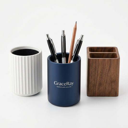 Desktop pen holders organizing pens and pencils on an office workstation.